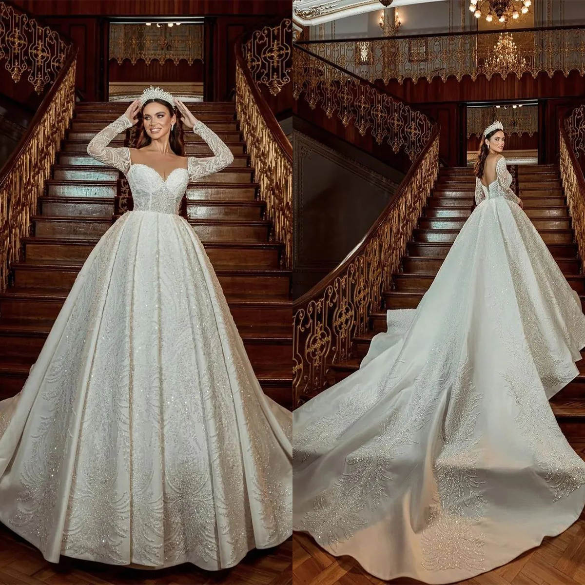 Elegant A Line Women Wedding Dress Sheer Neck Long Sleeves Bridal Gowns Sequins Lace Sweep Train Dress Custom Made