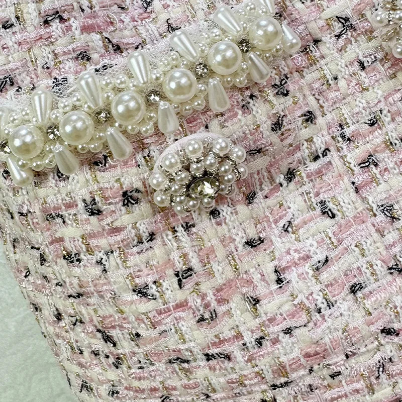Summer Autumn Crystal Pearl Tweed Dress Set Women Summer Autumn Crop Top Jacket Midi Long Pencil Skirt Suit Office Outfit 251129