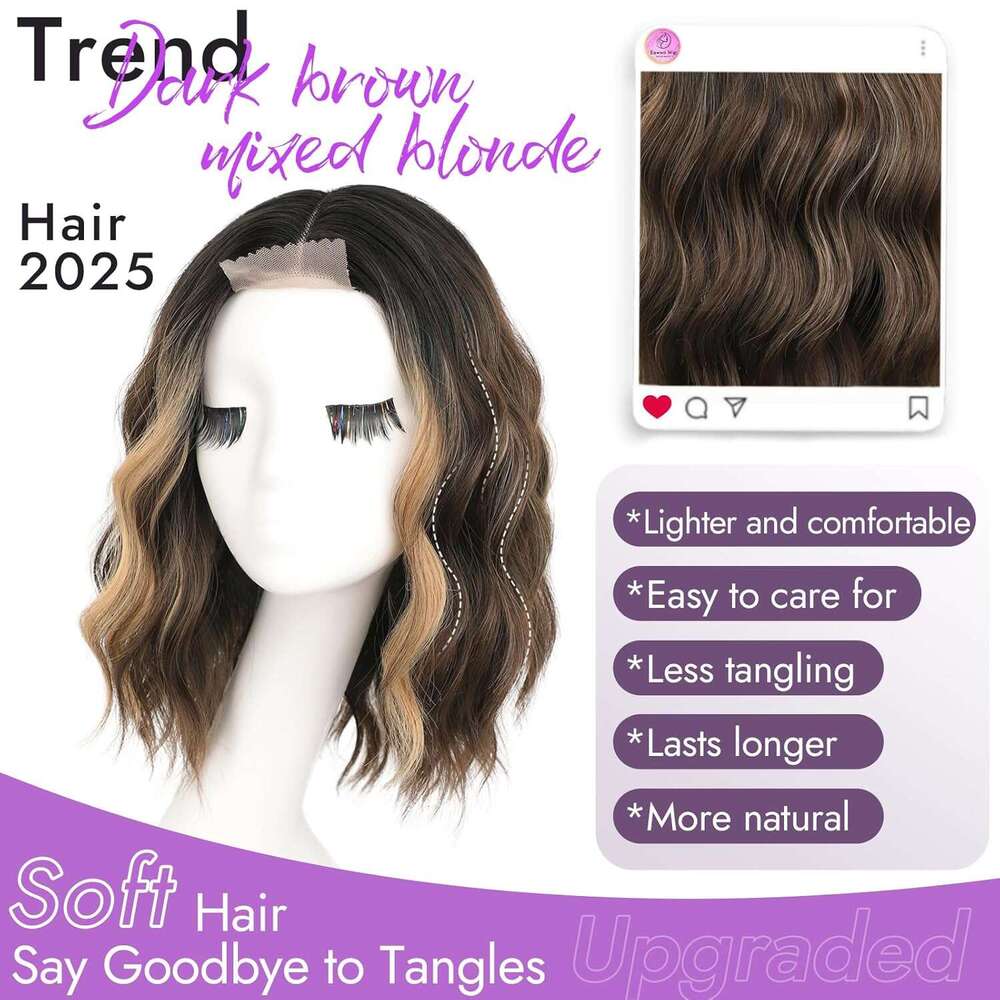 Eawwii Dark Brown Mixed Blonde Short Wavy Wig Women Lace Hairline Bob Style Synthetic Heat Resistant - Natural Appearance for Everyday Hairstyle 14 In