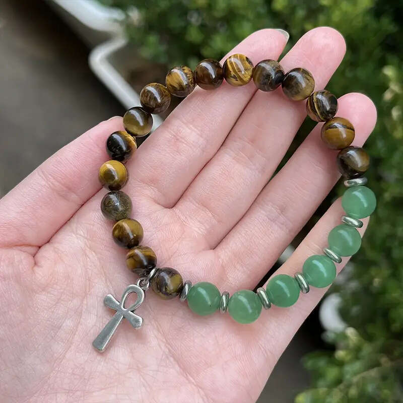 Temu Xiyin TK Tiger Eye Stone&Green Sandstone Cross Bracelet