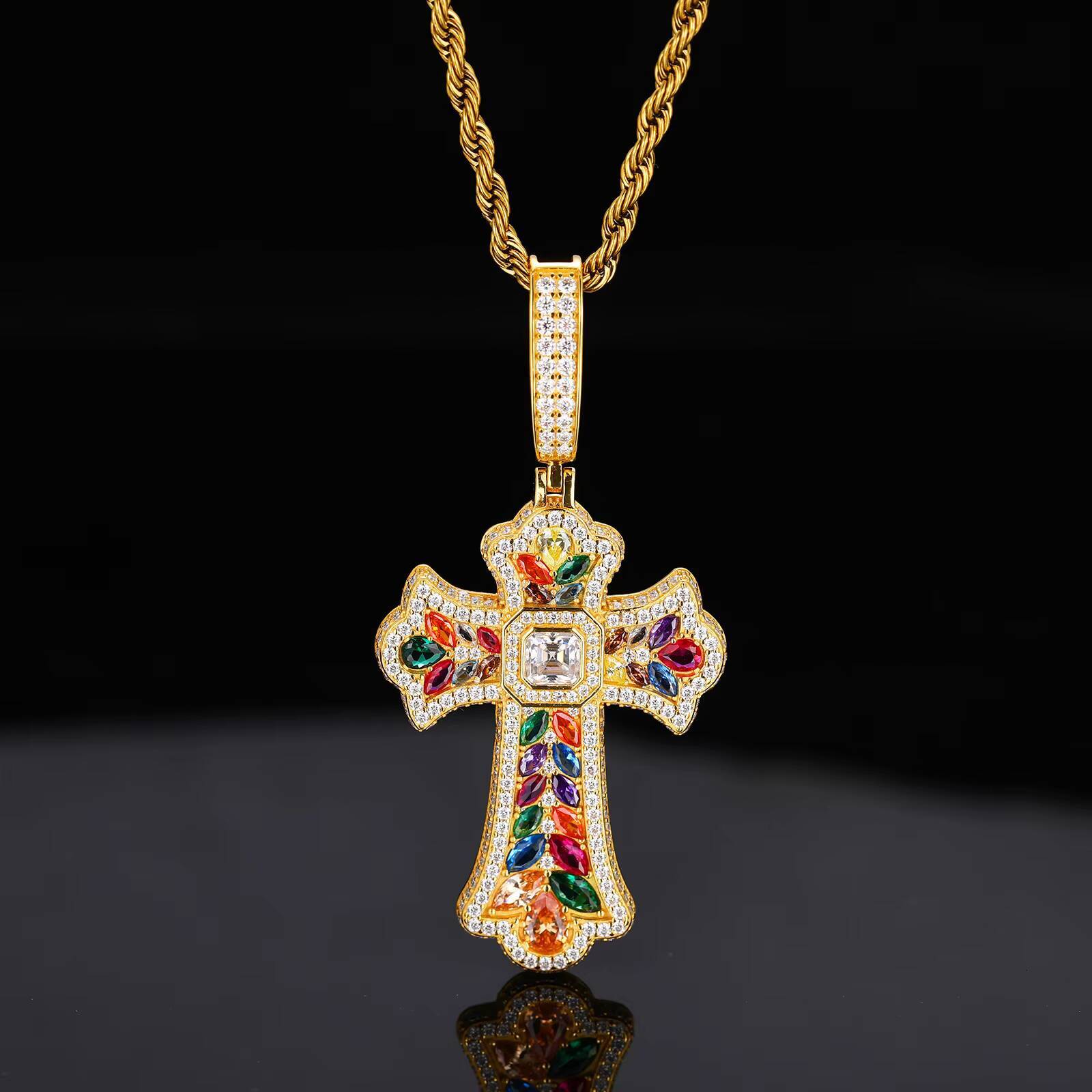 European American Hip-Hop Retro Joker Necklace Gold Plated Wheat Cross Pendant Colored Gemstone Wholesale Jewelry Accessories