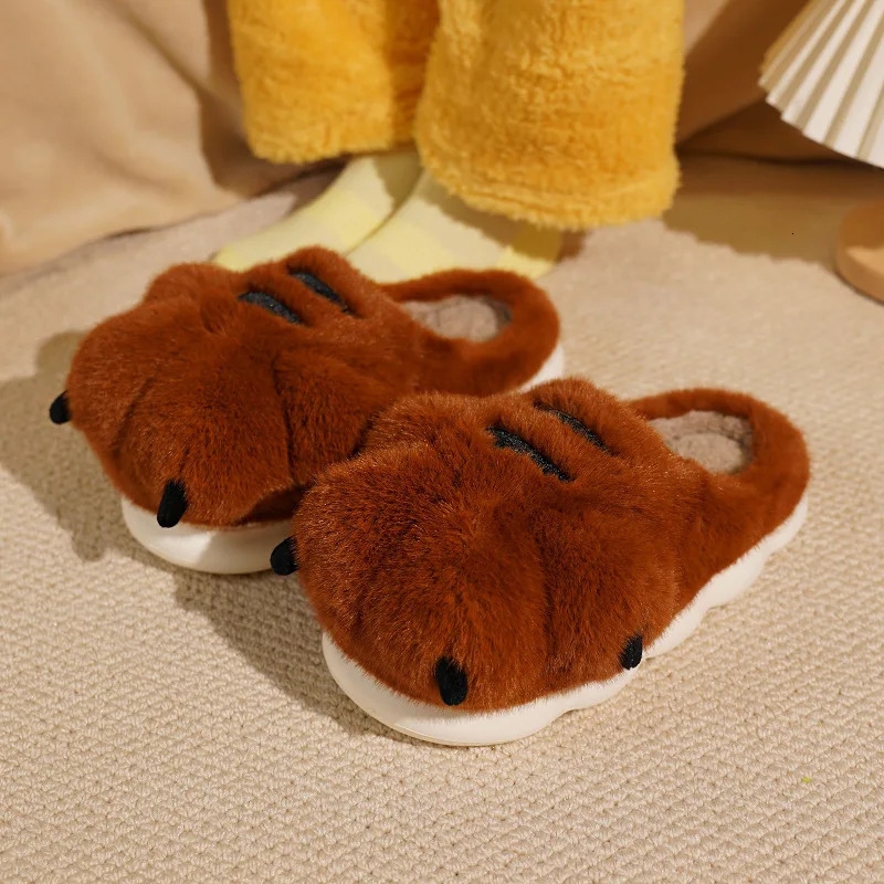 Cute Cartoon Fluffy Slippers For Women Men Winter Warm Shoes Soft Plush Big Paw Anti-slip Couples Indoor Home Cotton Slipper 251129
