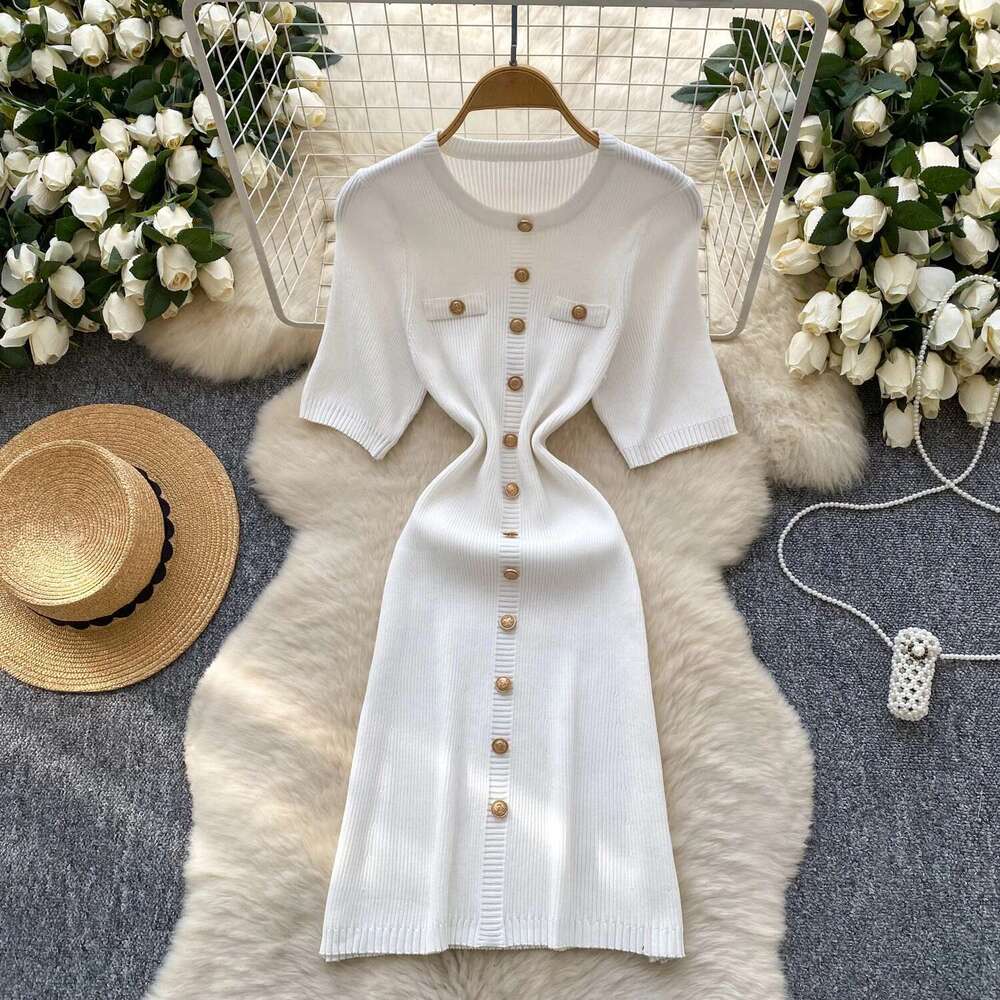 REALEFT Elegant Short Sleeve Knitted Dress For Women 2025 New Spring Summer Fashion Round Neck Buttons Casual Women's Dresses