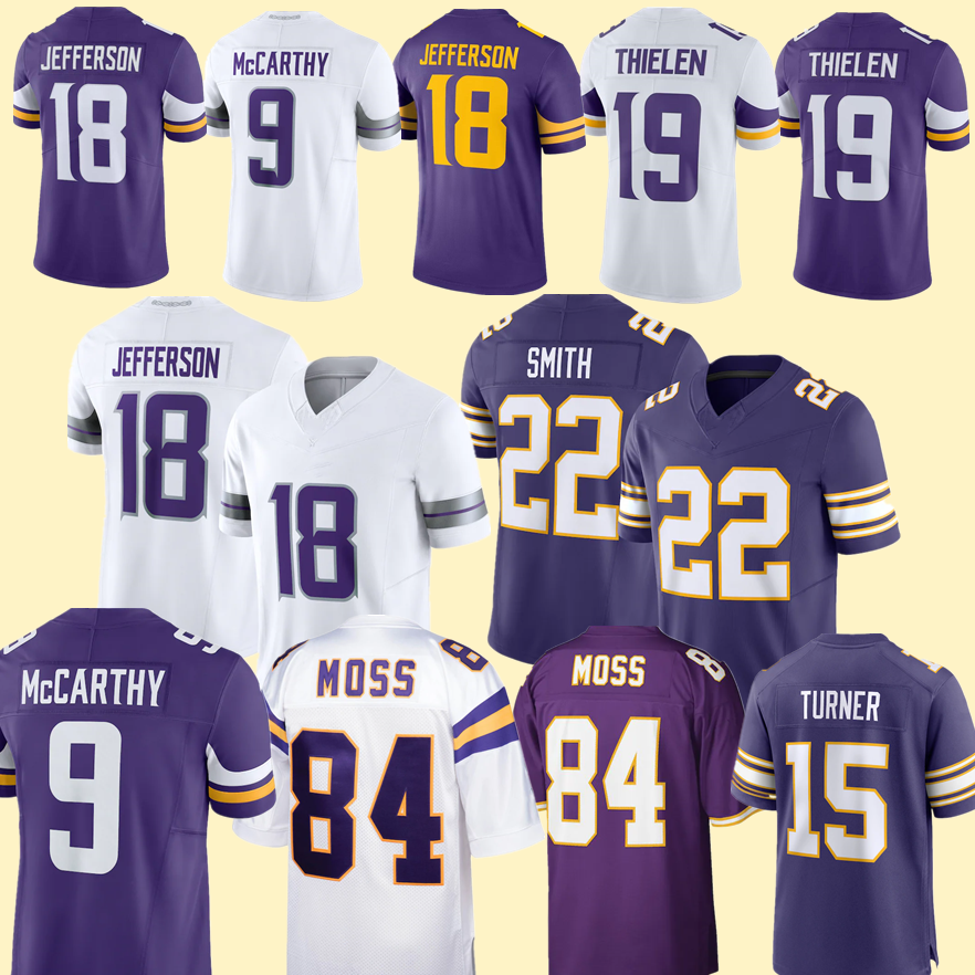 Stitched J.J. McCarthy Justin Jefferson Football Jersey Randy Moss Harrison Smith 87 Hockenson 15 Turner Men S-3XL jersey