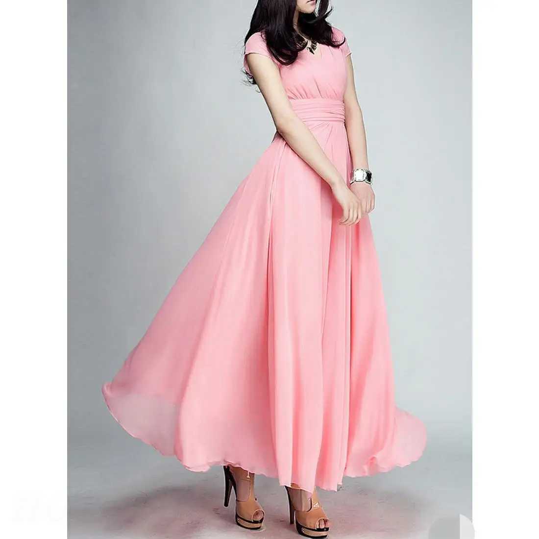 Womens Fashion V-neck Short sleeved Evening Dress Temperature Solid Color Long Cocktail Chiffon High Waist Summer Dress W250430