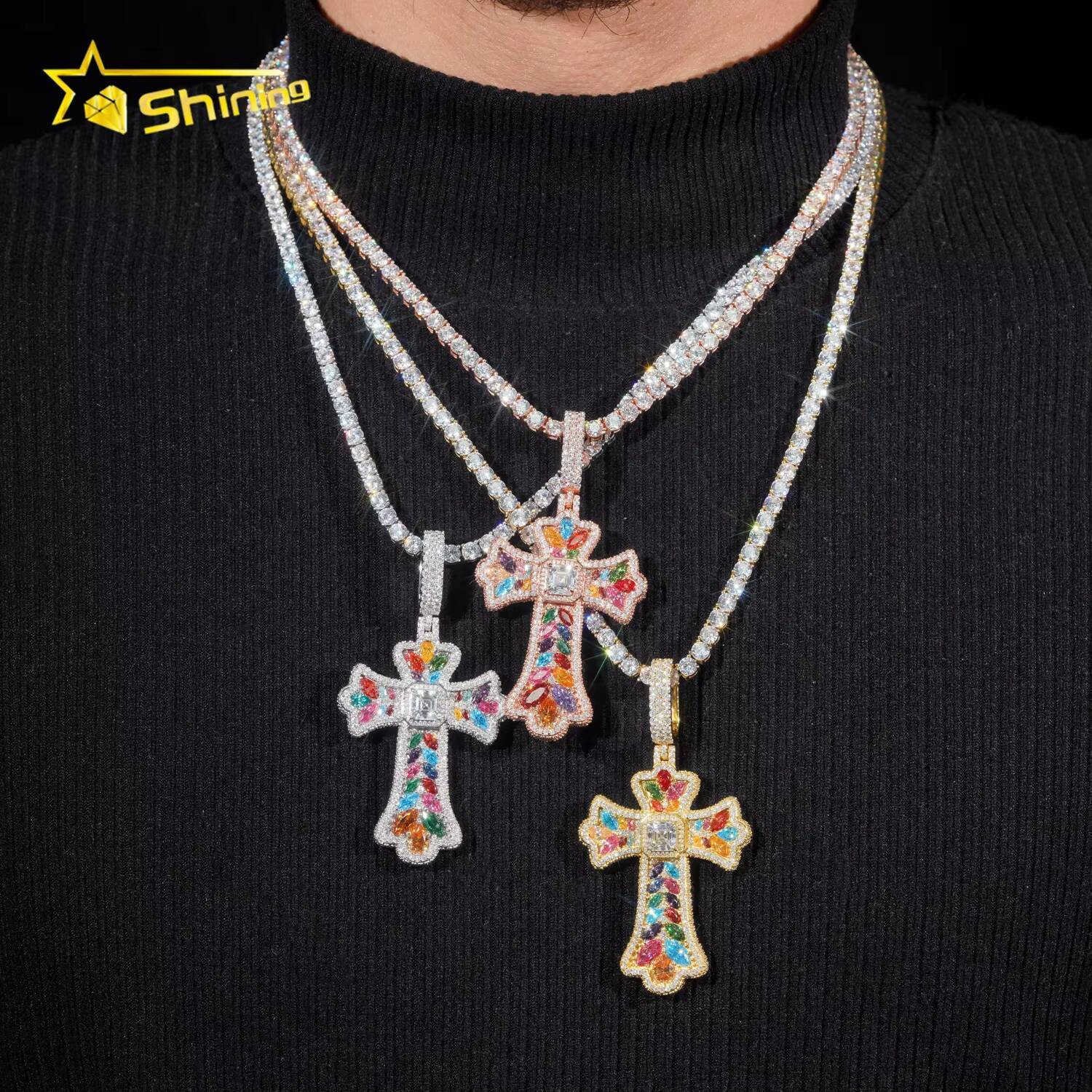 New Arrival Fancy Shape Custom Iced Out Multi Color 925 Silver Cross Diamond Moissanite Pendant