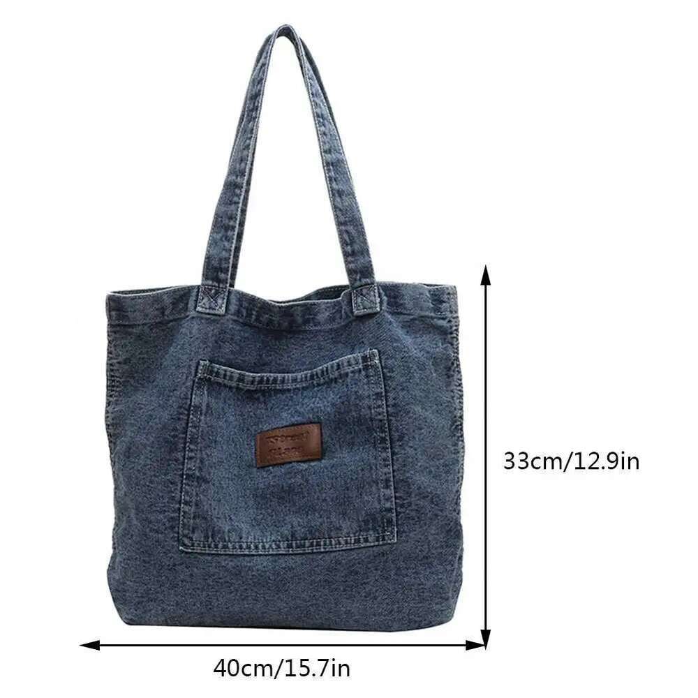 Women Shoulder Large Capacity Denim Tote Solid Color Clutch Simple Female Commuter Handbag Crossbody Bag