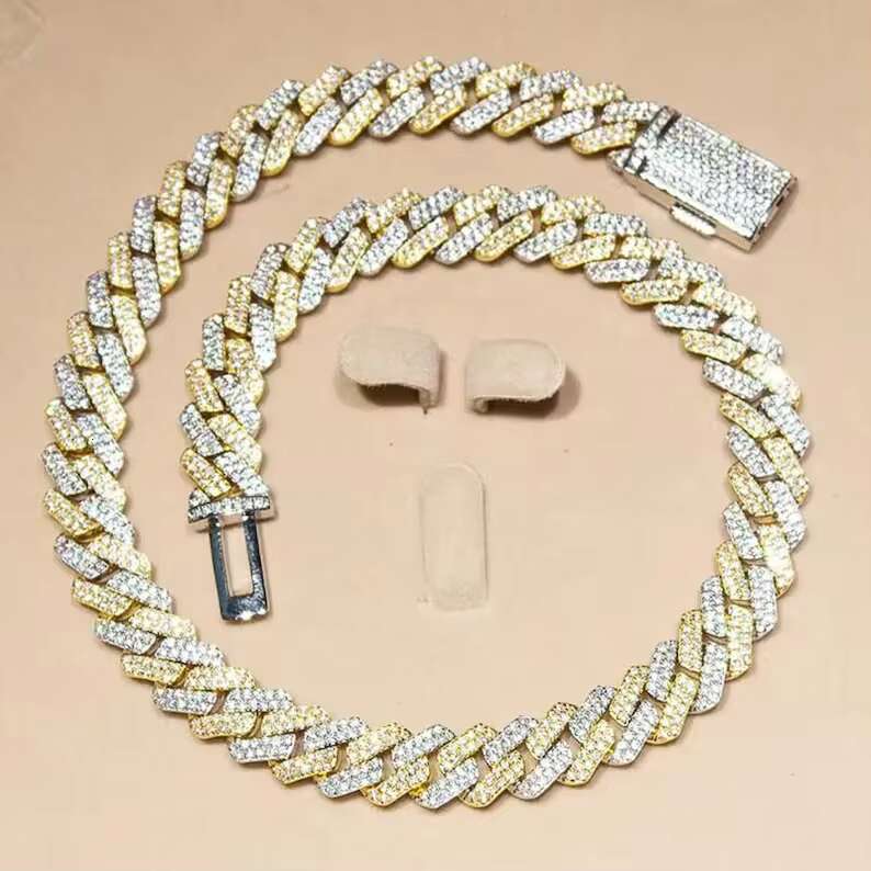 14mm Hiphop Cuban Link Chain Two Tone VVS Mossanite Miami Cuban Necklace 925 Silver Moissanite Cuban Chain