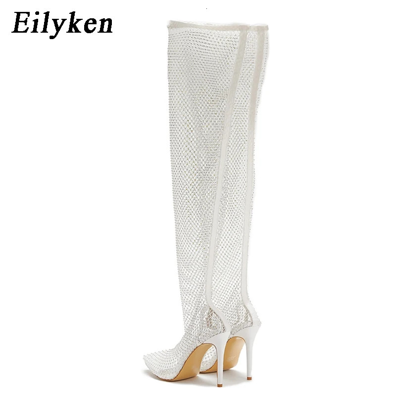 Eilyken n Crystal Rhinestone Mesh Stretch Fabric Sexy High Heels Sock Over-the-Knee Boots PVC Transparent Pointed Toe Shoes 250428