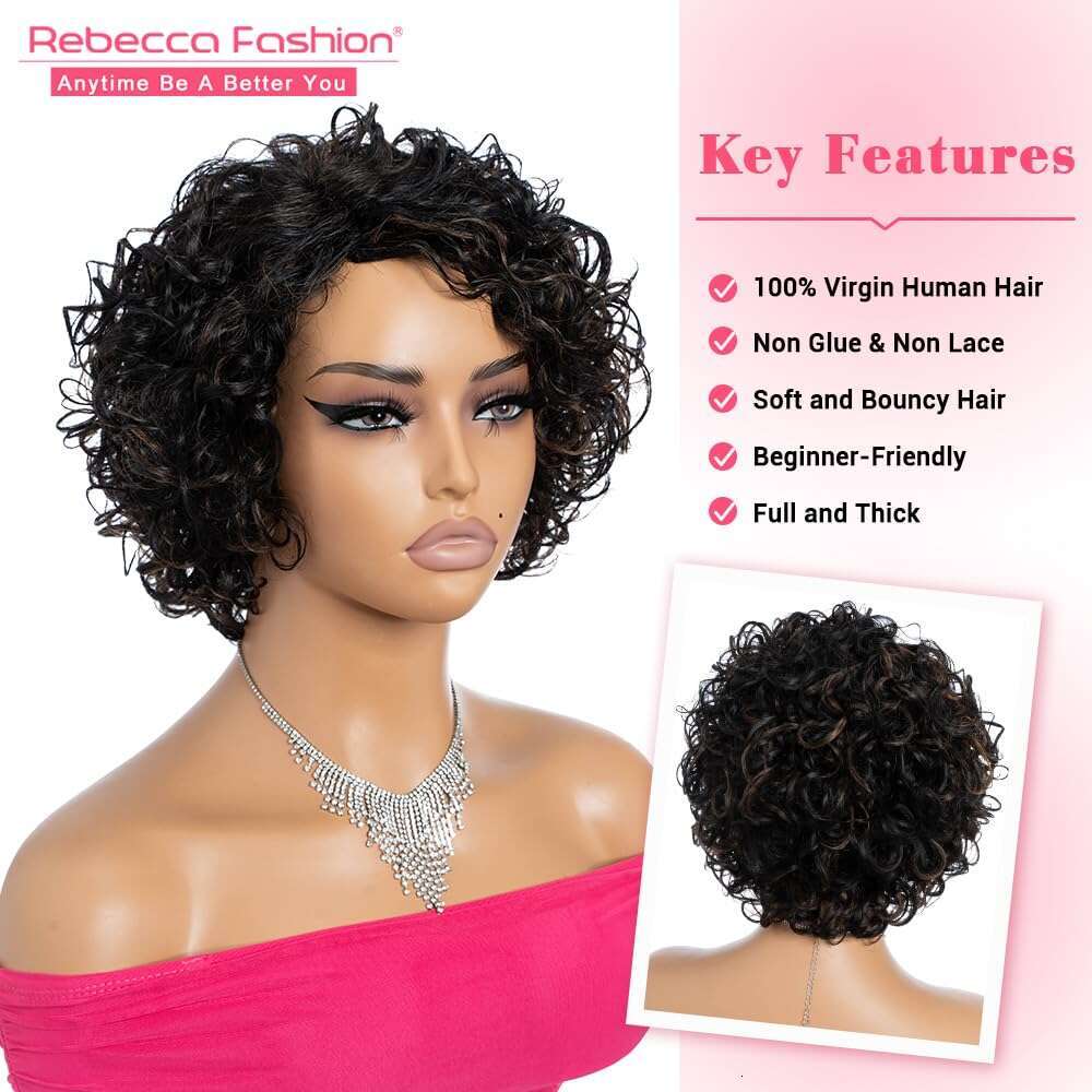 Rebecca Fashion Short Human Hair for Women Cute Curly Bob Wig Side Part Non Lace Glueless Wigs Brazilian Remy Natural Looking Highlight Black Mix Ligh
