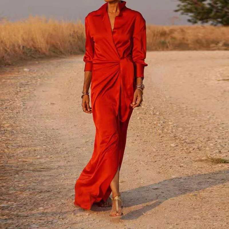 Casual office lapel V-neck long dress spring womens long sleeved solid shirt dress elegant womens lace patchwork slim fit long dress W250430