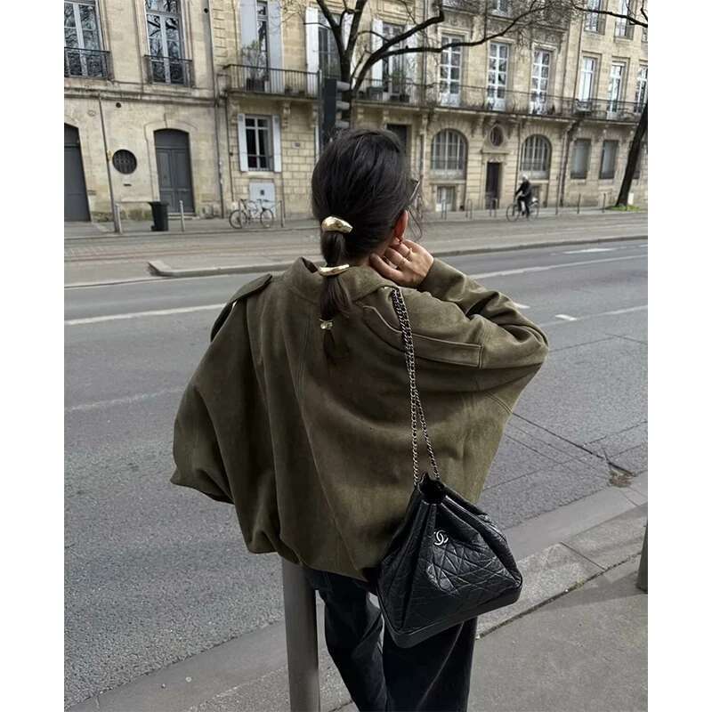 RAFZNB Short Jackets for Women Fashion With Shoulder Straps Long Sleeve Loose Coats Vintage Female Outerwear Chic Tops