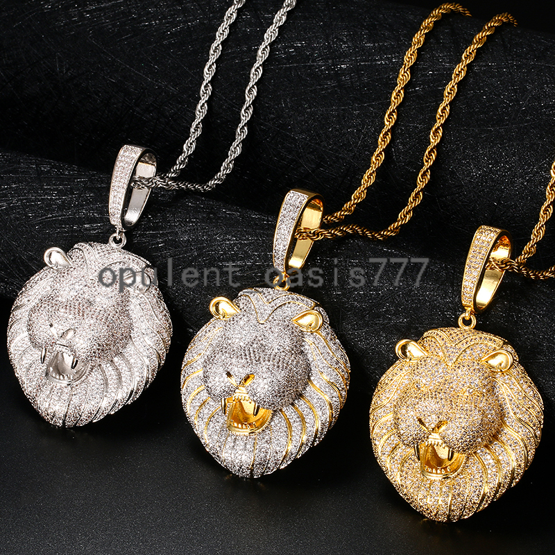 Fashion Hip Hop Jewelry 18K Gold Plated Brass Full moissanite Diamond Paved Lion Head Necklace Pendant for Rapper Jewelry