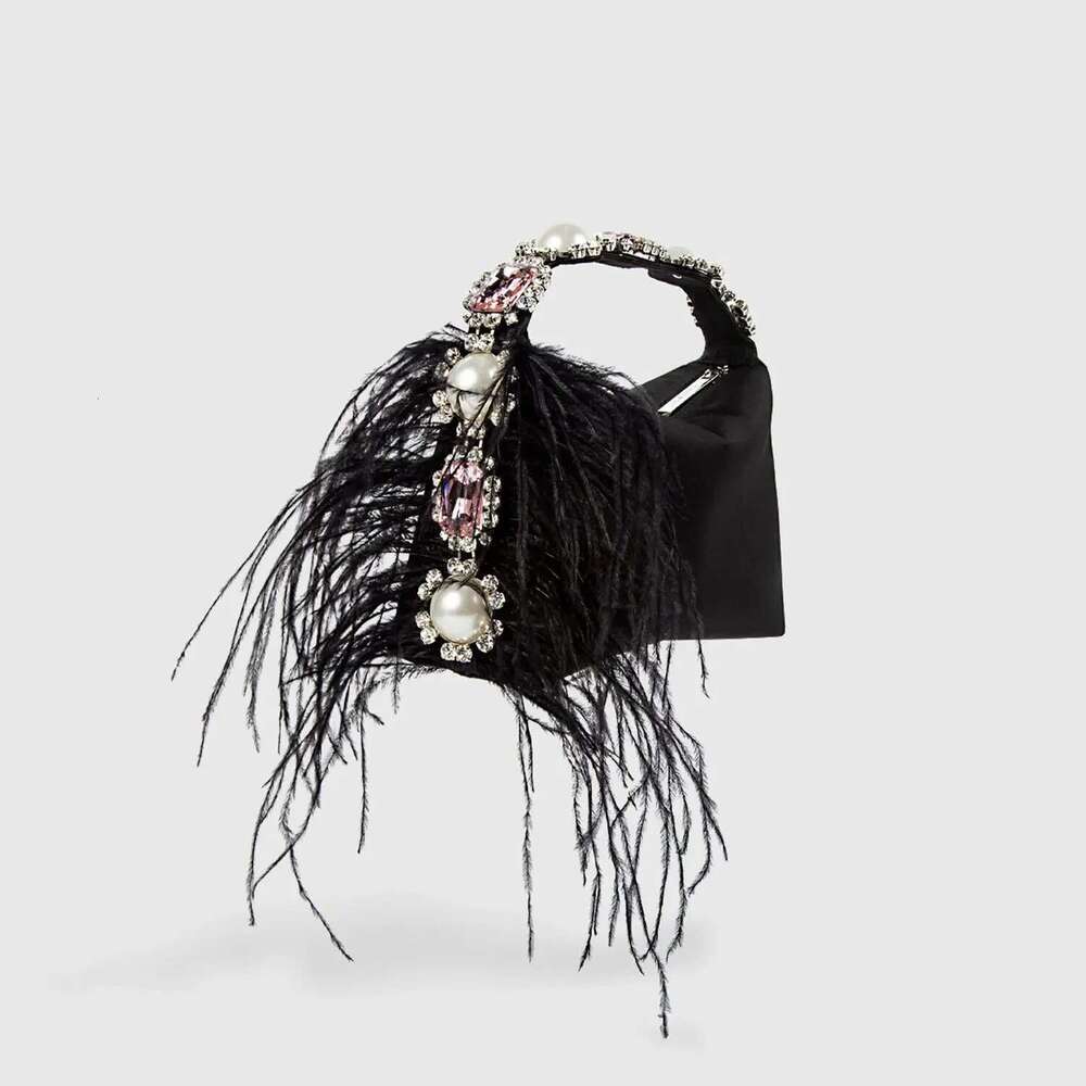 Dias Feather Handbags Pearls Party Evening Bags for Women 2023 Designer Satin Square Clutch Wedding Purses Tote