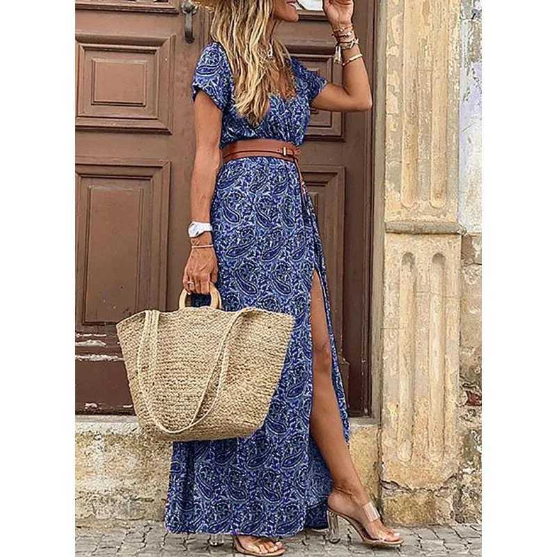 Womens sexy casual elegant holiday dress summer trend V-neck high seam irregular Midi dress retro print slim fit belt W250430