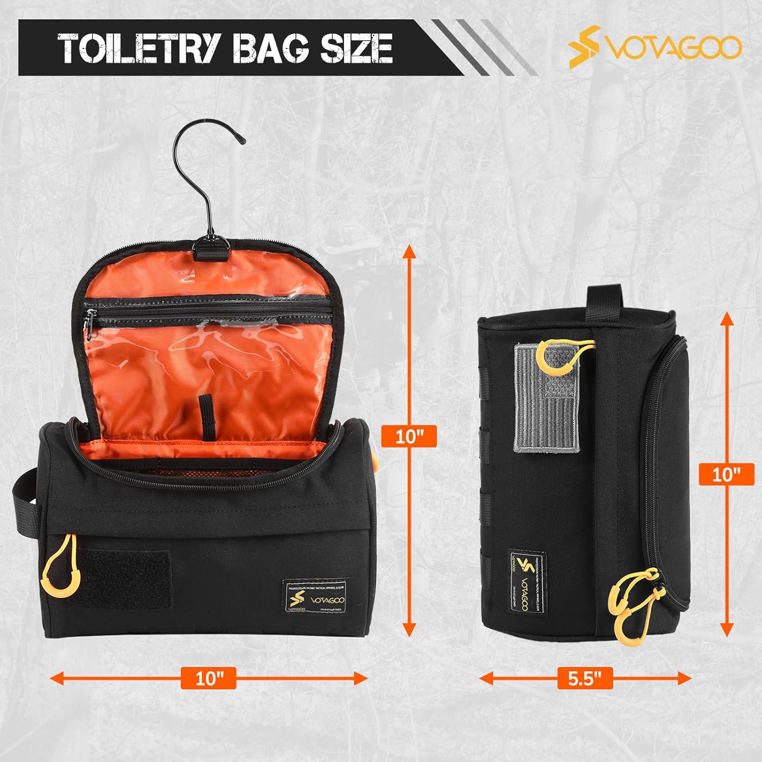 VOTAGOO Toiletry Bag for Men 500D Nylon Waterproof Tactical Shower Bag with Hanging Hook, Dry Wet Separation for Travel, Camping, Hunting, Outdoor Ess