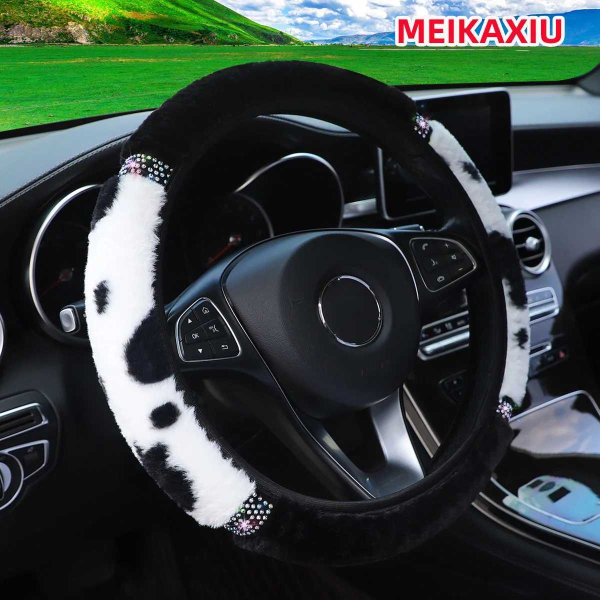 Warm hands in winter cow polished diamond glitter shiny car steering wheel cover suitable for 15 inch car interior supply in black and pink H25430