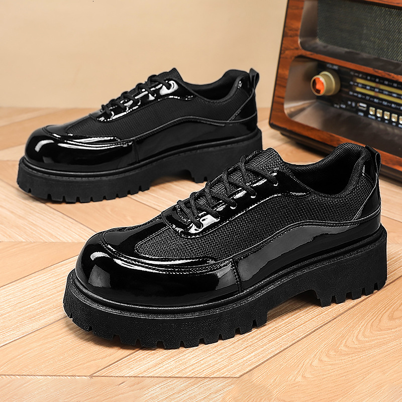 British Style Black Round-toe Derby Shoes Men's Thick-soled Leather Shoes Casual Shoes