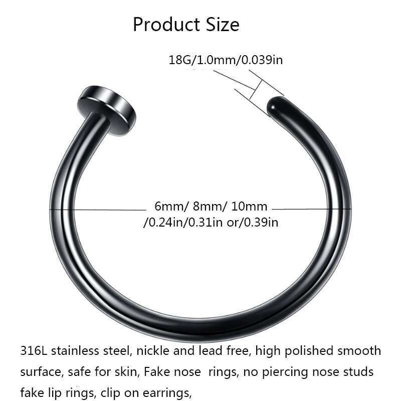 2/6Pcs Fake For Women, 316L Stainless Steel Lip Rings Labret Ring Nostril Hoop Studs Nose Piercing Jewelry