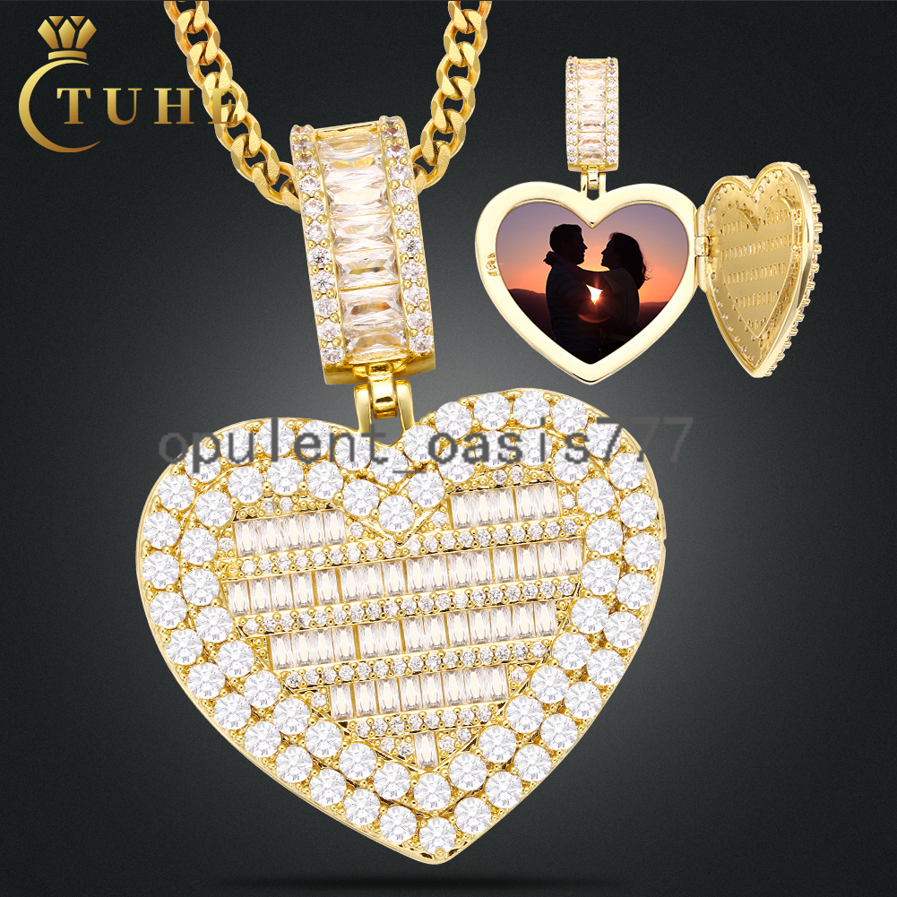 Wholesale Price 40mm Gold Plated Brass Baguette moissanite Diamond Custom Photo Necklace Heart Pendant With Chain