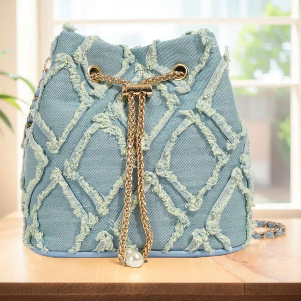 Denim Bucket Dia Pattern Women Shoulder Drawstring Handbag Adjustable Strap Hobo Travel Bag