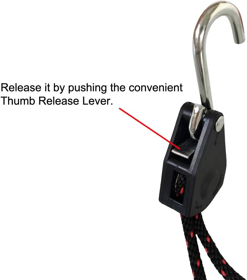 Rope Tie Downs, 1/4 in. X 10 ft. Heavy Duty Rope Lock Adjustable Ratchet Pulley for Kayak Canoe (2-Pack)