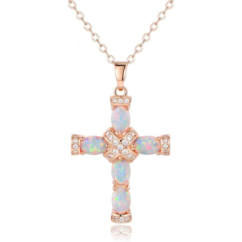 European and American popular gold-plated opal cross with chain, 18 inches, 2-inch extended