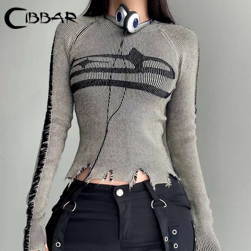 CIBBAR Vintage Ripped ed Sweater Pullovers Haruku Print Full Sleeve Jumpers for Women Autumn spring Knitwears Streetwear fashion clothing women