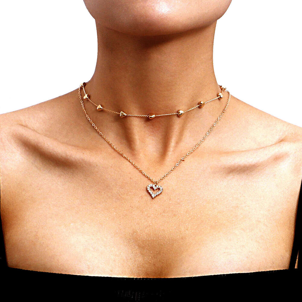 Jewelry double-layer mixed color chain, heart-shaped collarbone chain necklace, female sweet and cool hip-hop necklace