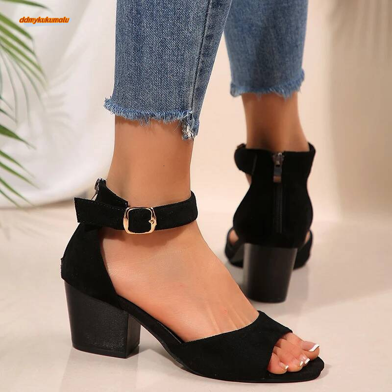Office Ladies High Peep Women Plus Size Anckle Strap Black Sandals Woman Casual Cover Heel Open Toe Sandal Mujer ddmykukumalu