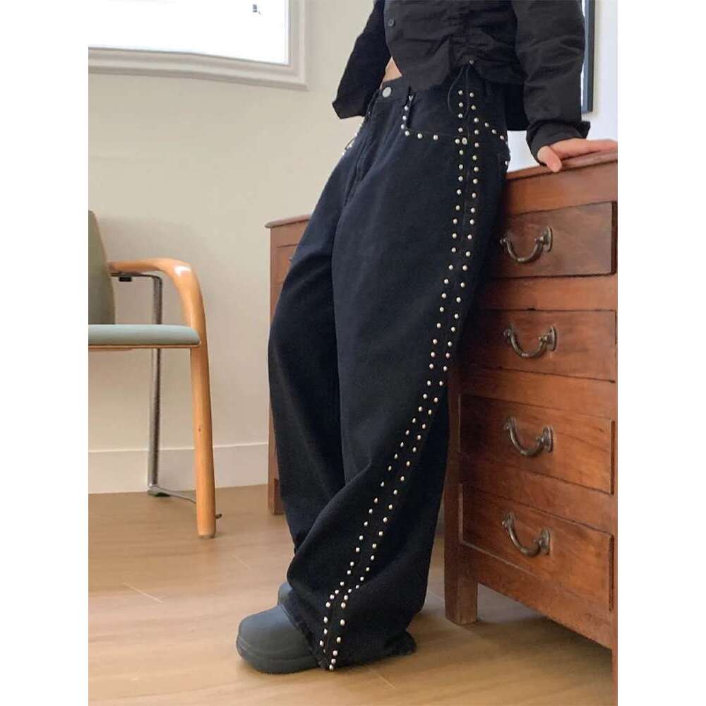 Fashion Woman's Metal Rivet Wide Leg Jeans Trousers Baggy Low Rise Pockets Denim Chic Lady High Street Casual Pants Y2k Stylish