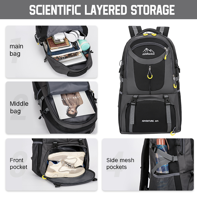 60L Lightweight Hiking Backpack with Shoe Compartment 900D Water Resistant Nylon Outdoor Sport Daypack Trekking Bag for Camping/Climbing/Cycling Daypa
