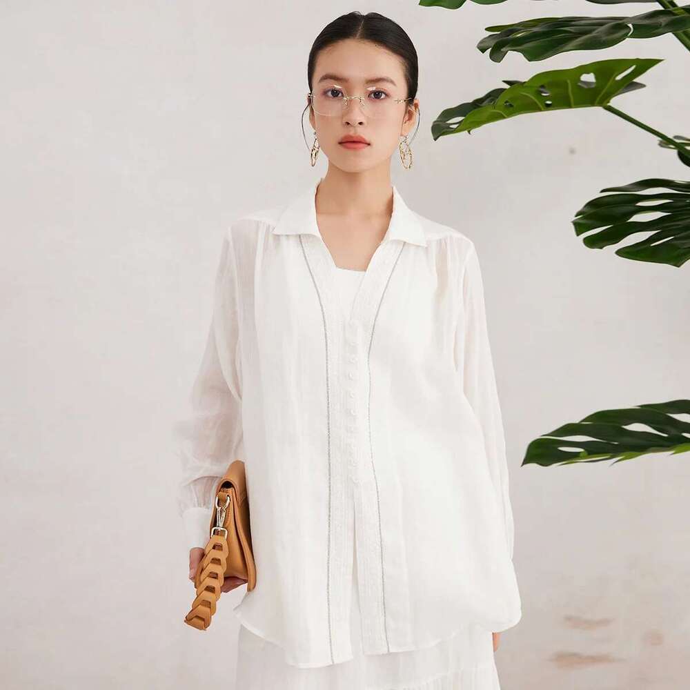 K3089w Women's Clothing 100% Ramie Ladies Sping Summer White Blouse Translucent Breathable And Comfortable