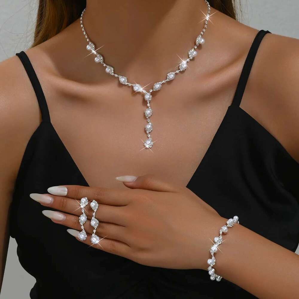 4Pc Women's Fashion Copper Claw Chain Pearl Necklace Earrings Bracelet Jewelry Set Wedding Banquet Party Holiday Gift