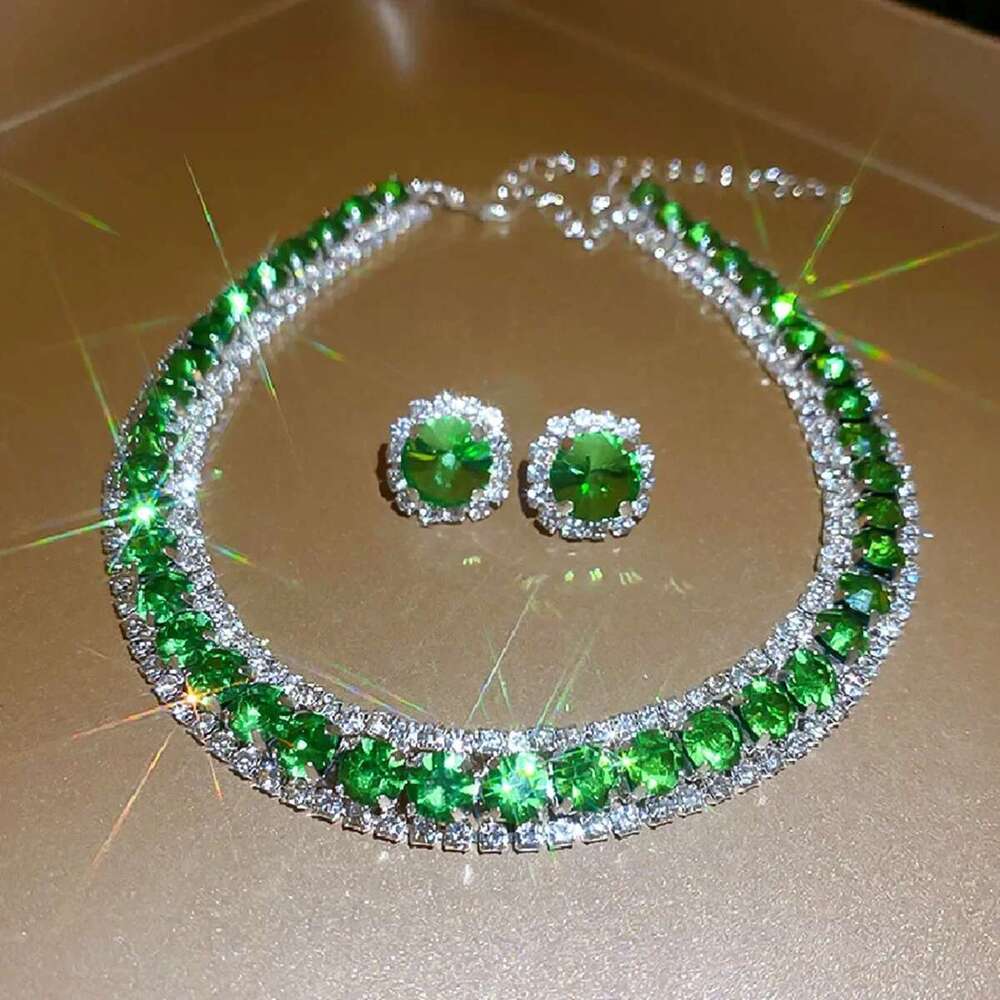 FYUAN Crystal Earrings Green Rose Pink Blue Necklace For Women Weddings Party Jewelry Sets Accessories