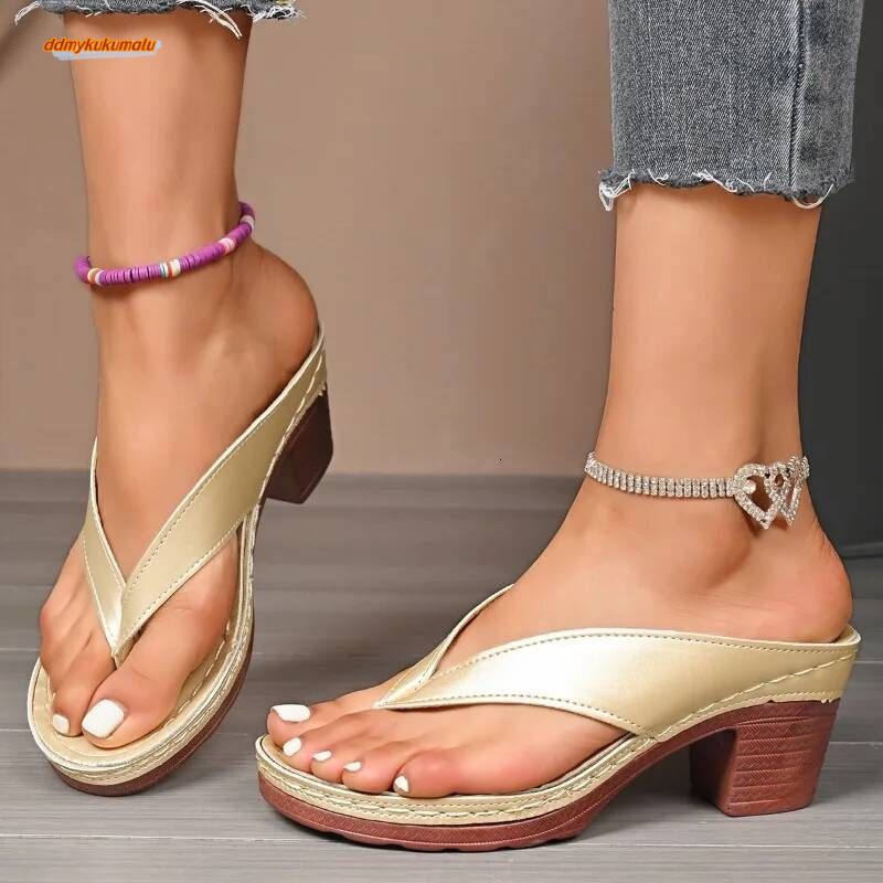 Quality Summer Woman Solid Color Mid Heel High Heels Shoes Women Open Toe Flip Flops Sandals Female ddmykukumalu