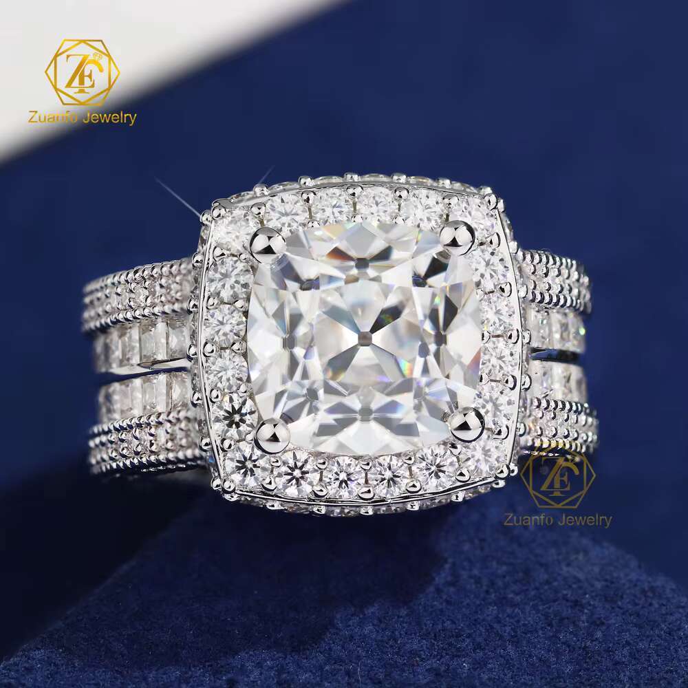 High-end 925 Silver Moissanite Ring Jewelry Big Size Square Cushion Shape Moissanite Halo Ice Out Diamond Ring