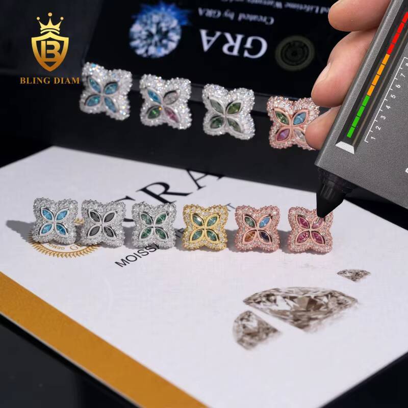Hot Sale GRA Certificate VVS1Iced Out Colored Moissanite Four-Leaf Clover Earrings 925 Sterling Silver Gold Plated Hiphop Style