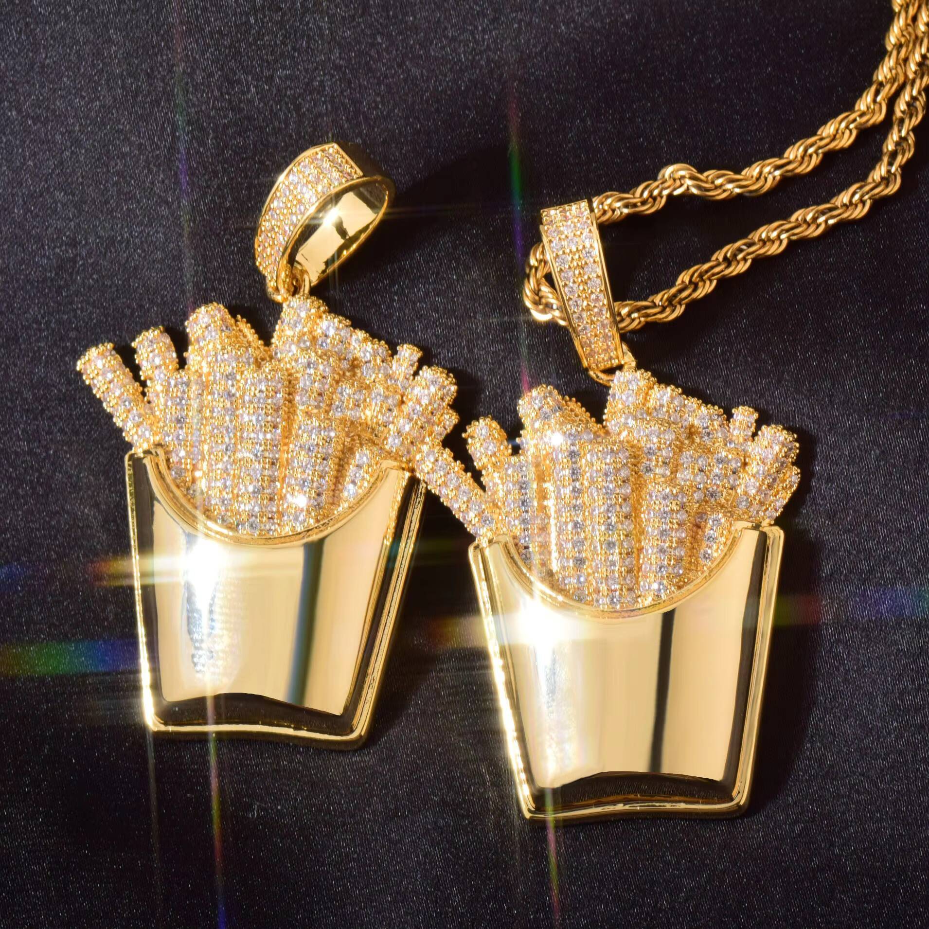 Wholesale Luxury Stainless Steel Colorful French Fries Pendant Necklaces Iced Out Zircon Necklace Hiphop Fashion Jewelry