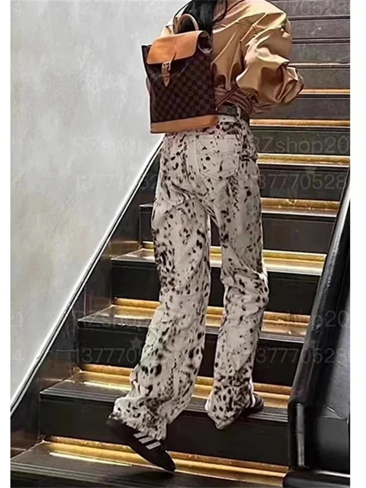 Leopard Print Straight Wide Leg Jeans Womens High Waist Retro Jeans Street Clothing Y2k Retro Pants Street Denim Trousers 250422