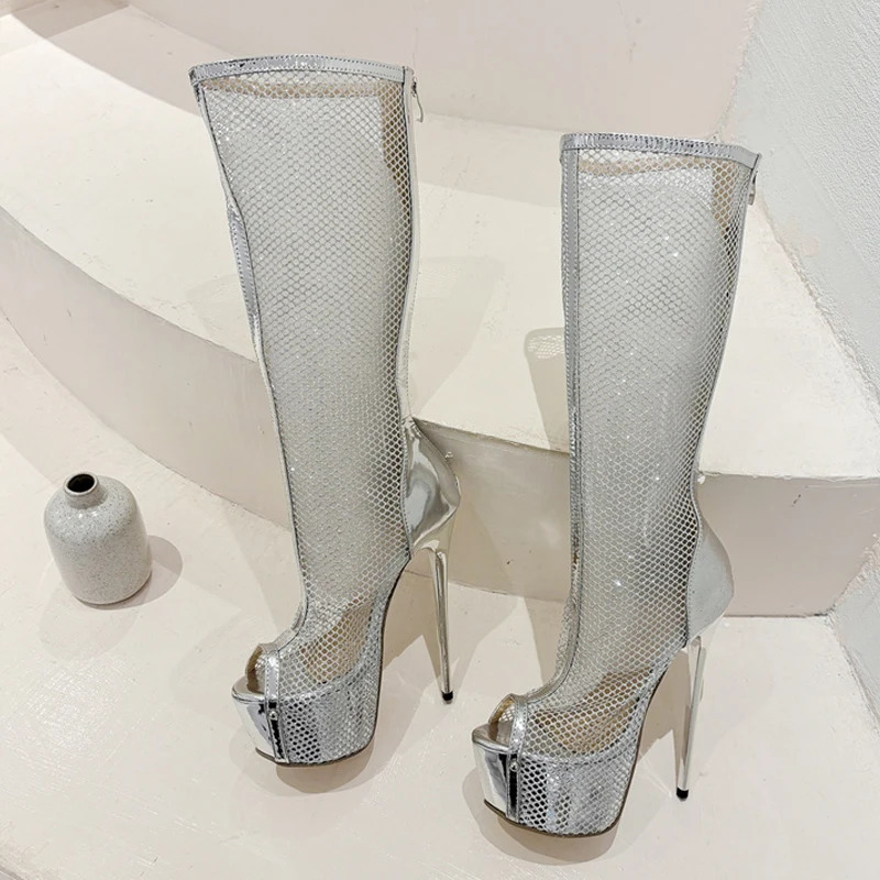 Liyke Sexy Peep Toe Gold Heels Stripper Pole Dance Platform Boots For Women Zip Fashion Mesh Knee High Shoes Female Botas Mujer 250428