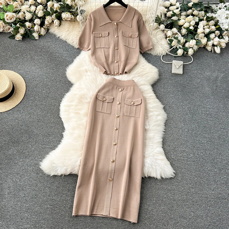 Heliar Elegant Knitted Two Piece Womens Short sleeved Top and Skirt Set with Buttons Summer Solid 250530