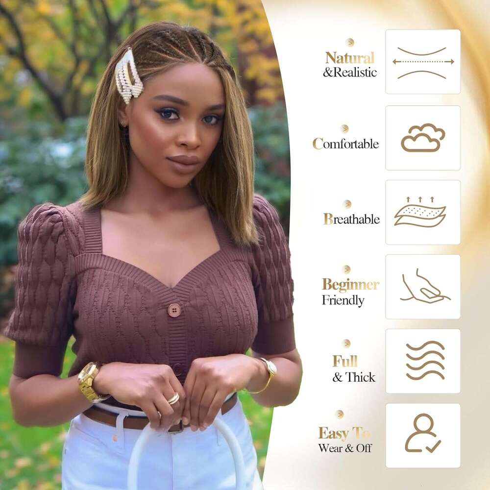 WIGER Highlighted Frontal 13x4 for Black Women Glueless Hair Wig Braided Front with Cornrow 12 Inch Synthetic Full Lace Straight Bob Wigs