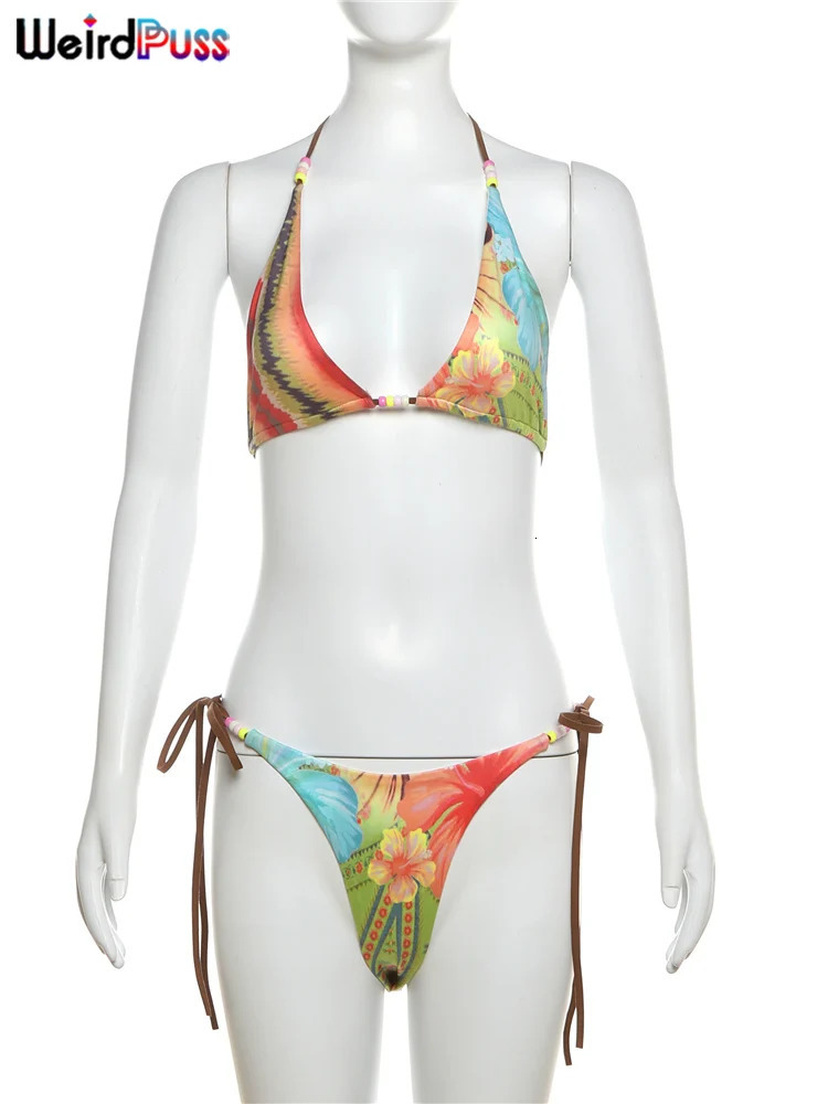 Weird Puss Beach Style Women 2 Piece Set Y2K Vacation Swimsuit Colorful Pearl Halter Bikini BrPanties Party Matching Clubwear 250428