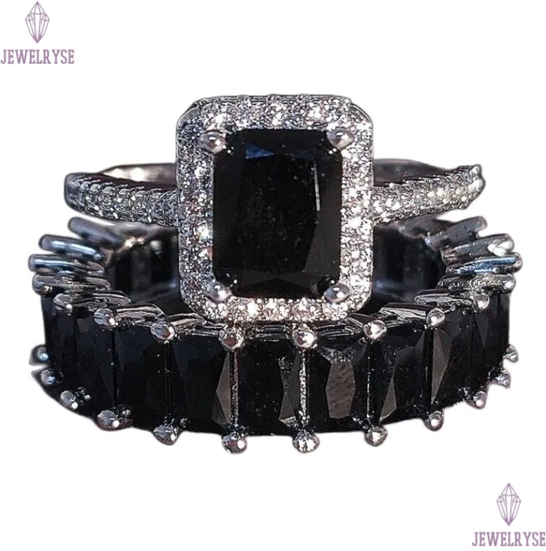Brand Wedding Rings Luxury Jewelry 925 Sterling Silver Fill Radiant Shape Black 5A Cubic Zircon Party CZ Diamond Women Engagement Bridal Ring Set Gift