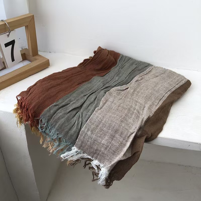 T599 literary retro striped color matching men's and women's cotton scarf spring and autumn pleated fashion soft neck protection warm long s