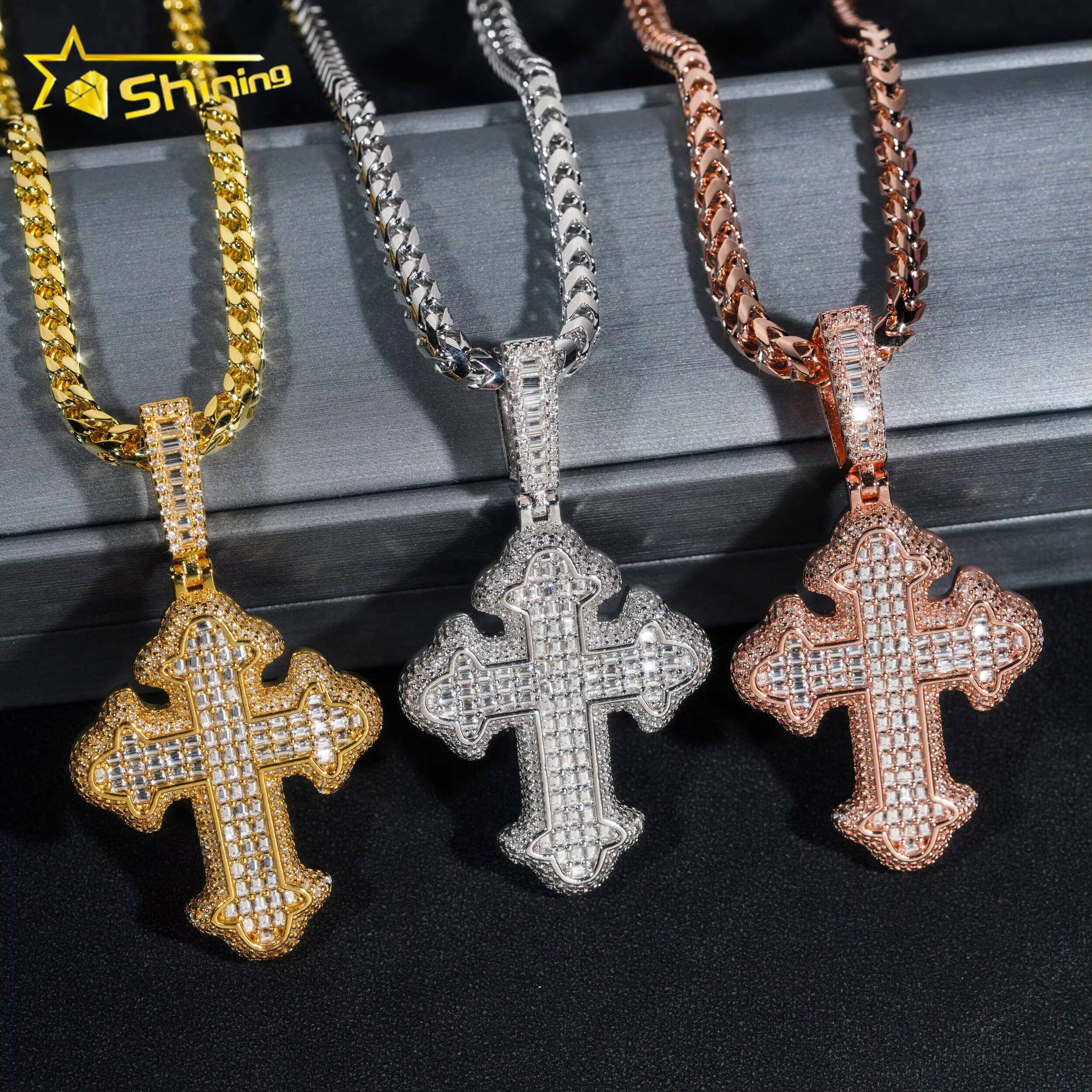 New Design Hip Hop Style Baguette Diamond Luxury 925 Silver Moissanite Cross Pendant