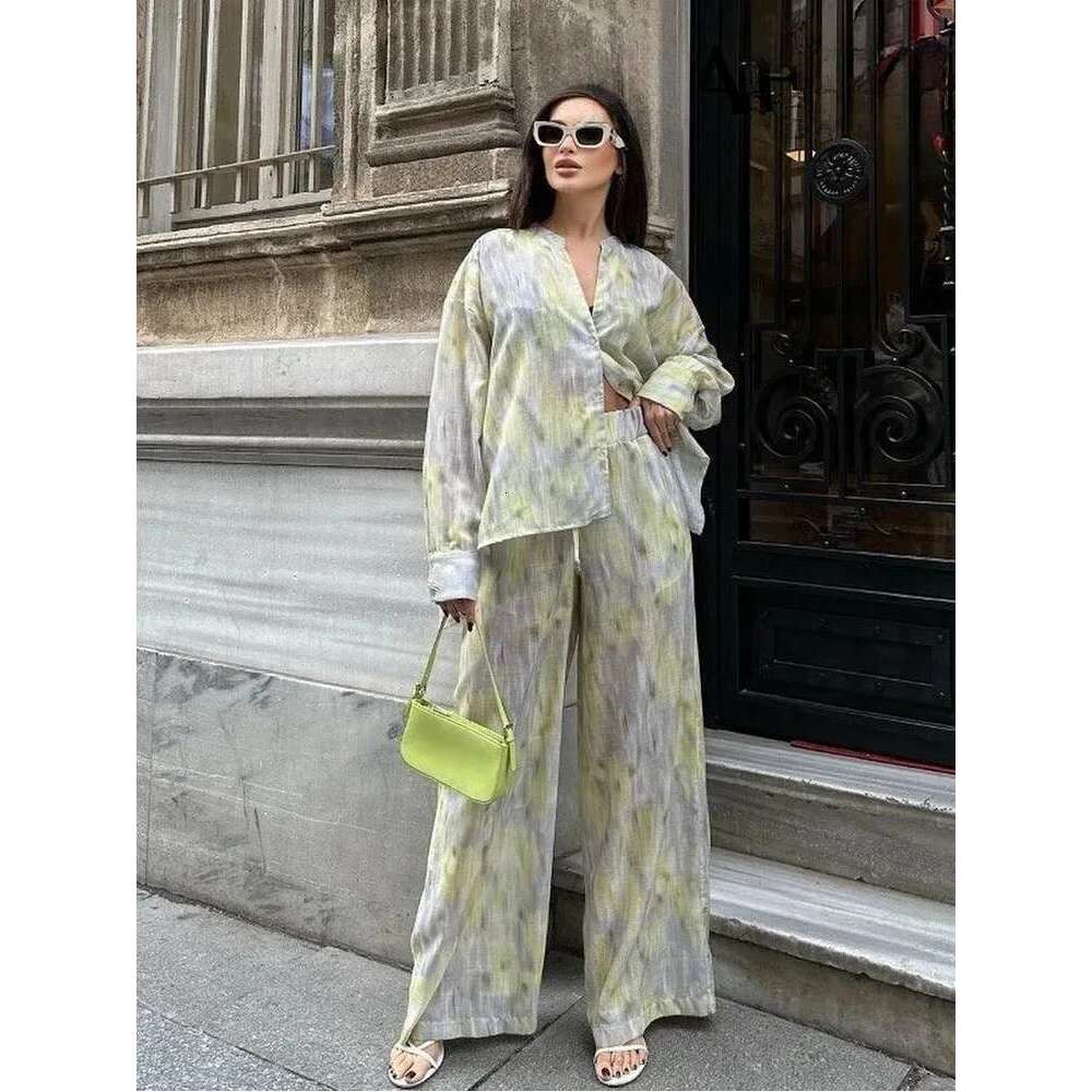 ZABA Women's Tie-Dye Printed Set Lapel Asymmetric Button Long Sleeve Shirt And Casual High-Waisted Loose Wide-Leg Trousers