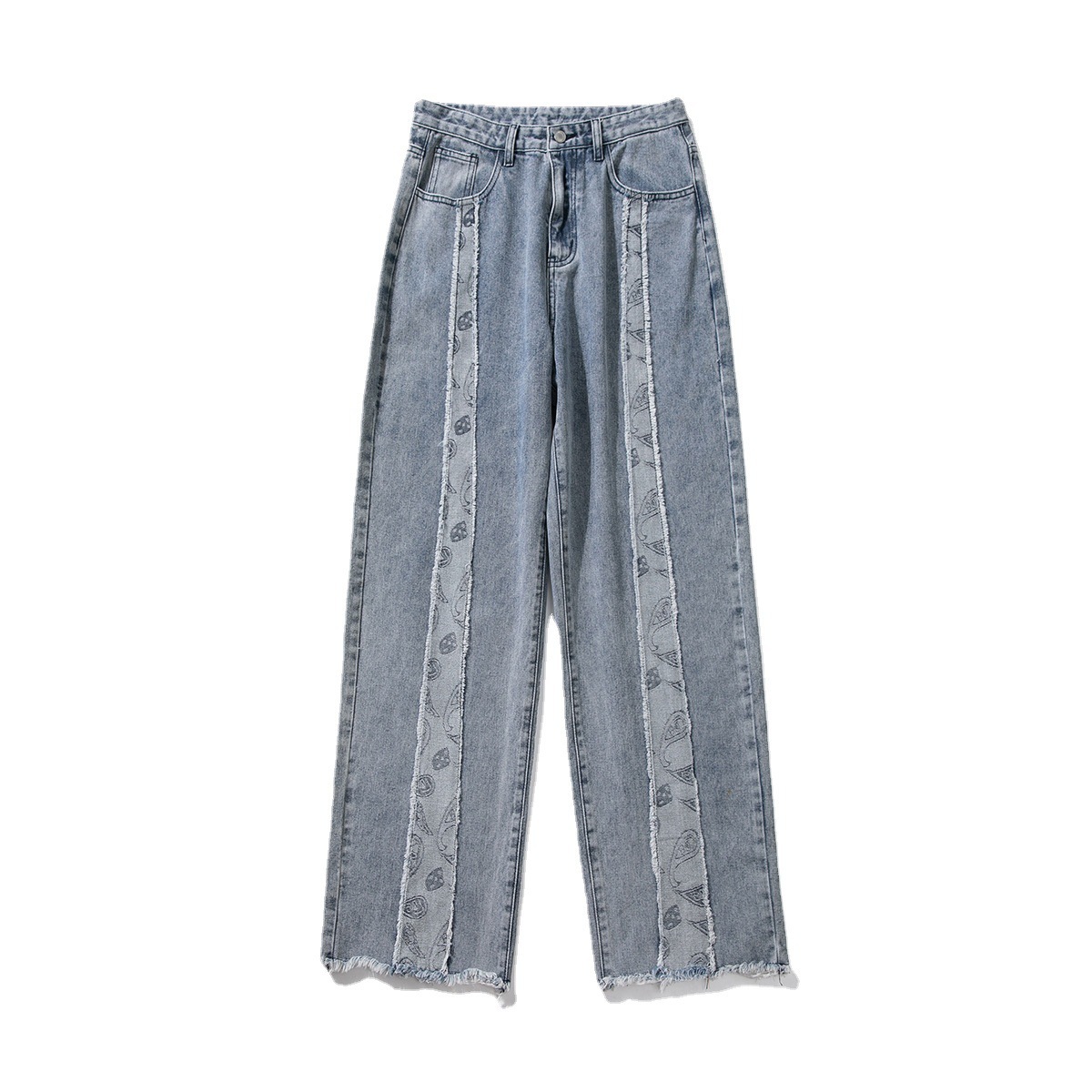 CNLONGBIDA Men's Jeans Denim Men's Contrasting Washed Loose Straight Leg Cashew Flower Color Blocked Denim Pants Trendy