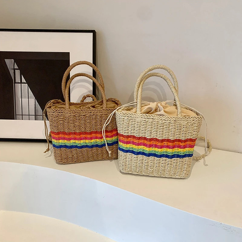 Womens cross bag with pull rod womens handbag Versatile Straw rainbow suspender womens casual shoulder bag 250427